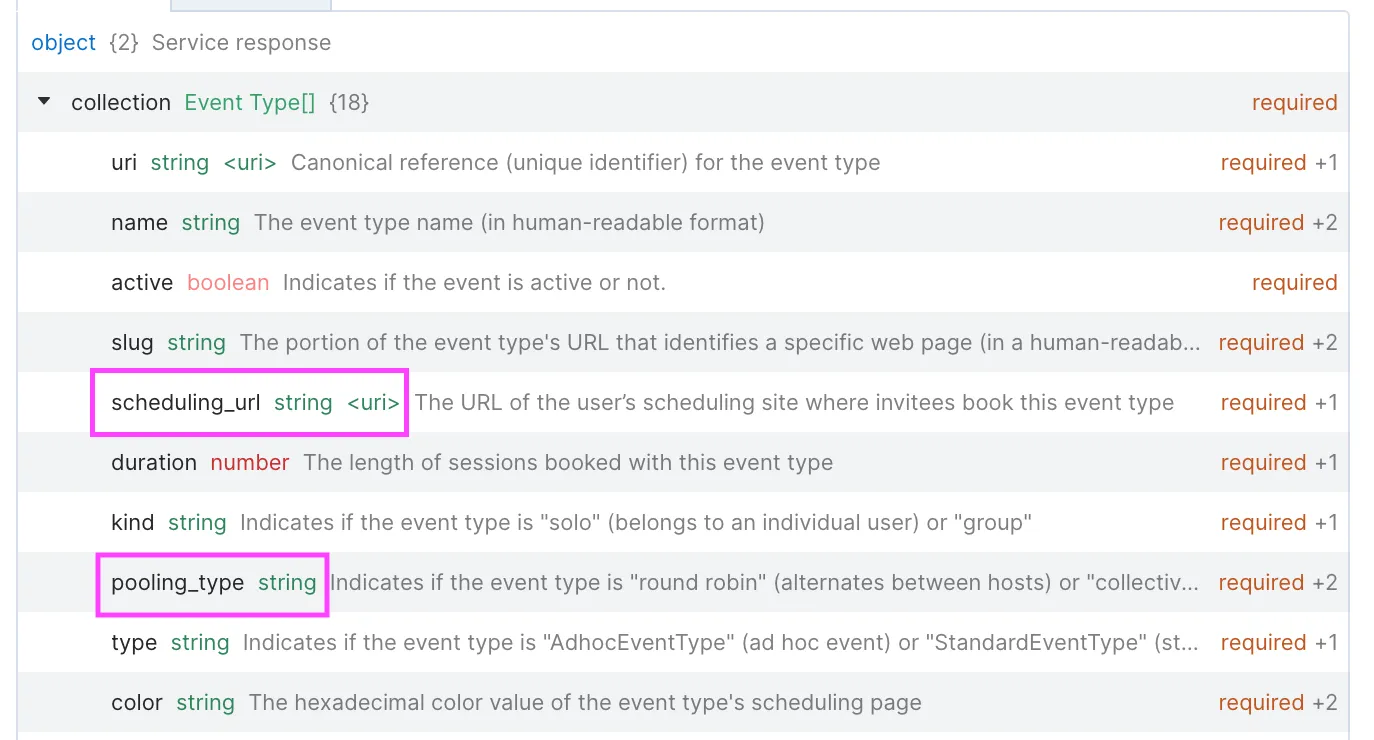 Scheduling page links response payload