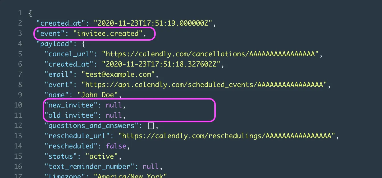 invitee.created payload for a rescheduled event